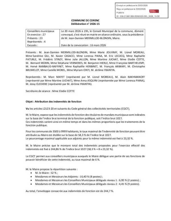 Image du document Délibération 2026-15 Attribution des indemnités de fonction