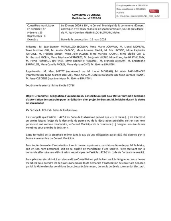 Image du document Délibération 2026-18 Désignation d&rsquo;un membre du CM pour toute demande d&rsquo;autorisation de construire intéressant le Maire