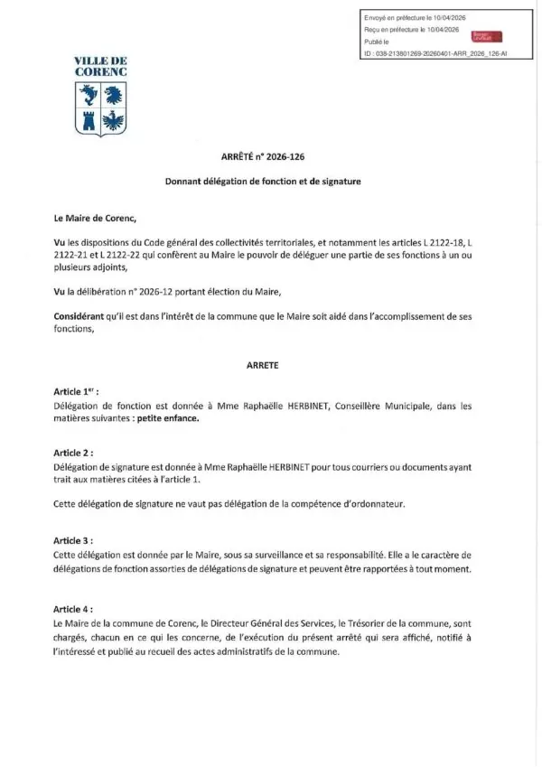 Image du document Arrêté 2026-126 Délégation de fonction et de signature Raphaëlle HERBINET (Petite enfance)