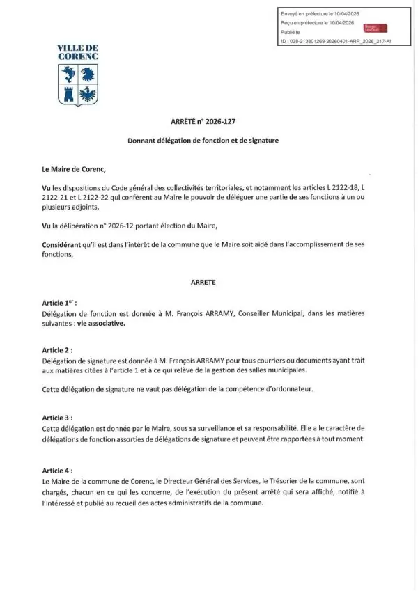 Image du document Arrêté 2026-127 Délégation de fonction et de signature François ARRAMY (Vie associative)