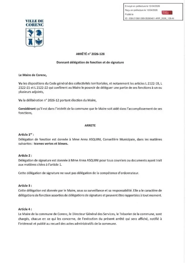 Image du document Arrêté 2026-128 Délégation de fonction et de signature Anna ASQUINI (Trames vertes et bleues)