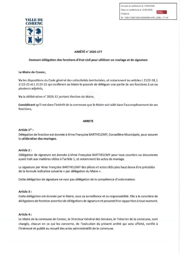 Image du document Arrêté 2026-177 Délégation de fonction et de signature Françoise BARTHELEMY (célébration mariages)