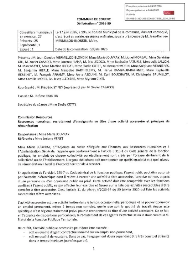 Image du document Délibération 2026-39 Recrutement enseignants activité accessoire et rémunération