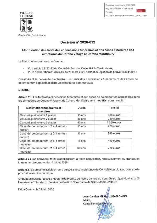 Image du document Décision 2026-012 Modification des tarifs des concessions funéraires et des cases cinéraires des cimetières de Corenc