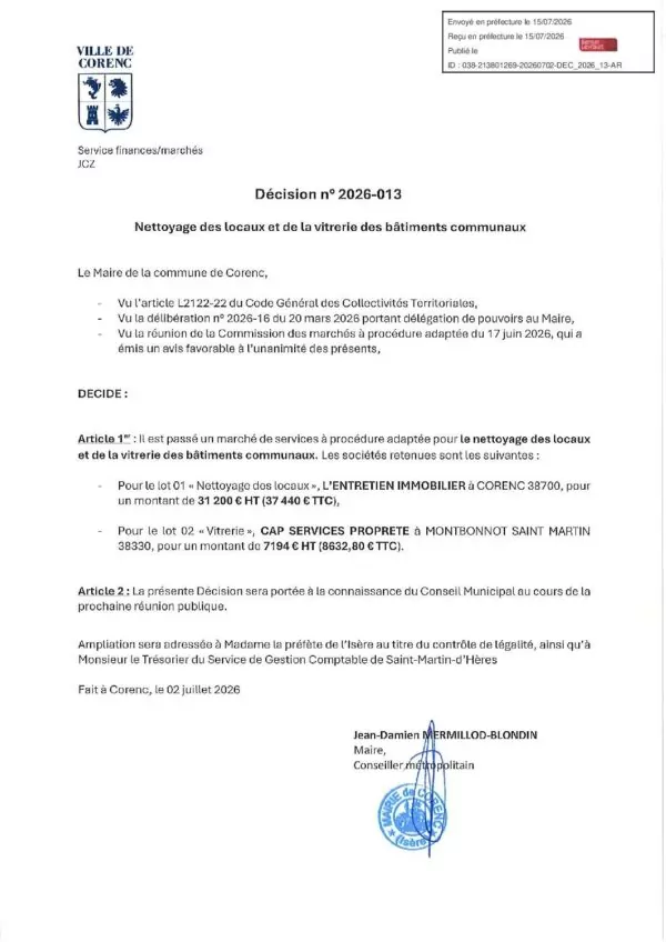 Image du document Décision 2026-013 Nettoyage des locaux et de la vitrerie